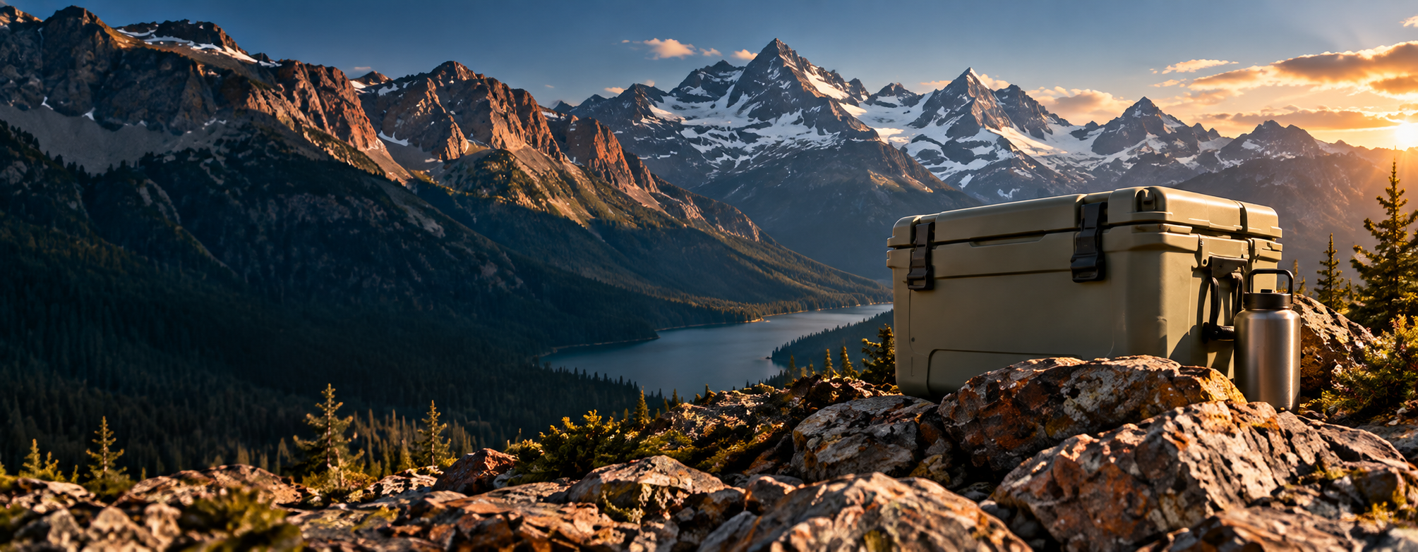 Outdoor equipment against an alpine landscape