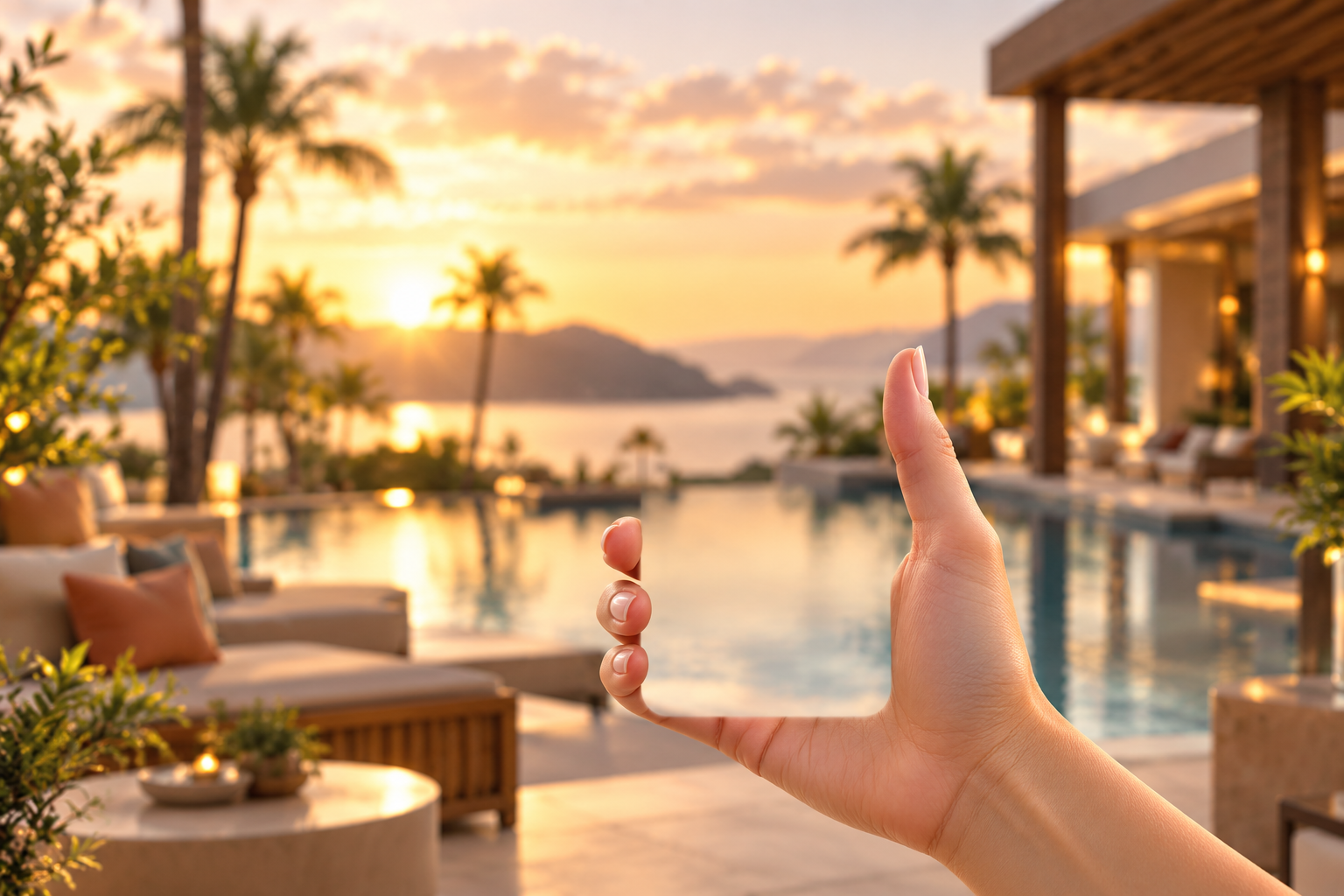 Warm resort pool at sunset with a hand holding the briefing