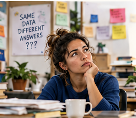 A marketer surrounded by disconnected notes and reports, wondering why the same data produces different answers.